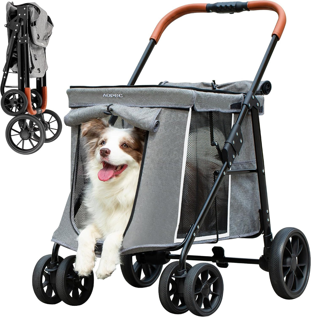 Medium Dog Stroller, Dual Entry One-Touch Folding - Grey