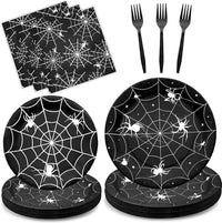 Gistome 96-piece Halloween spider web tableware set with plates, napkins and forks - view 6