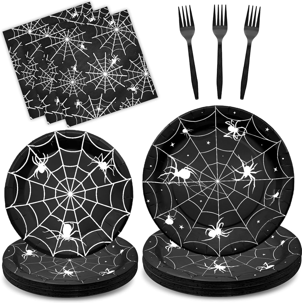 Gistome 96-piece Halloween spider web tableware set with plates, napkins and forks - view 6
