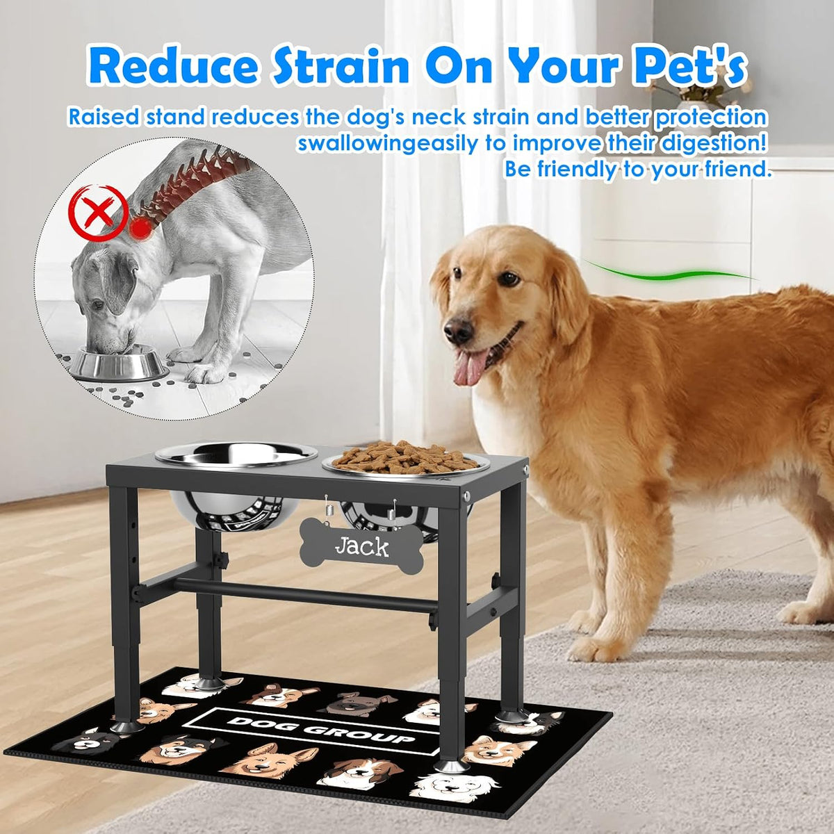 SHAINFUN Elevated Dog Bowls with Slow Feeder & Mat for Medium - Black-1.7L - image 2