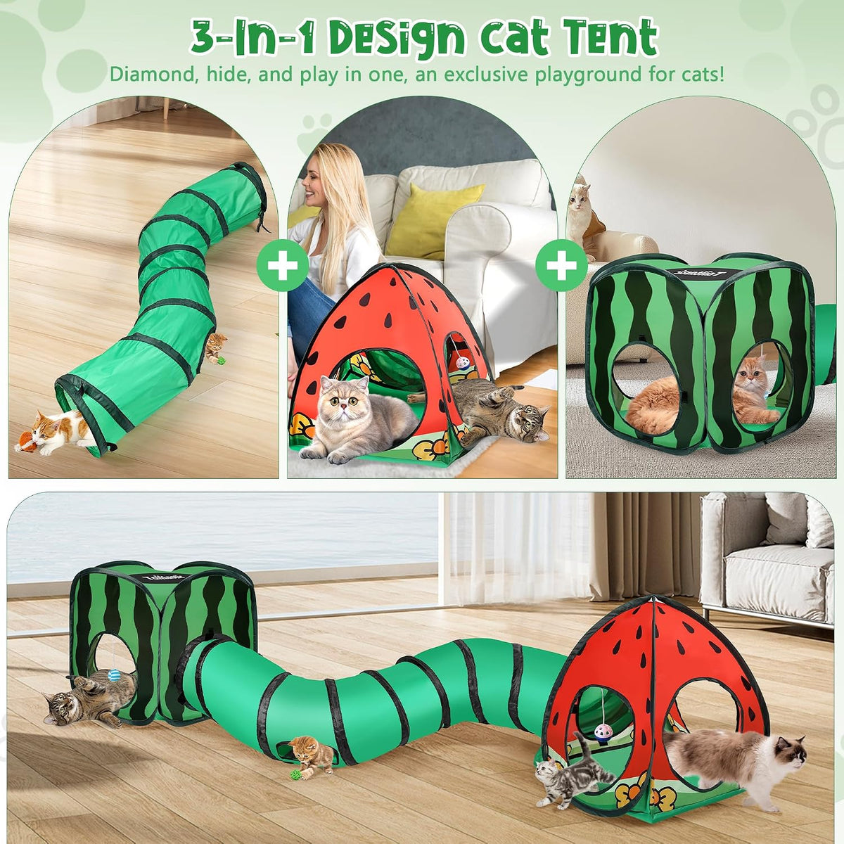 Tailtastic 3-in-1 Watermelon Cat Tunnel with Cube - image 3