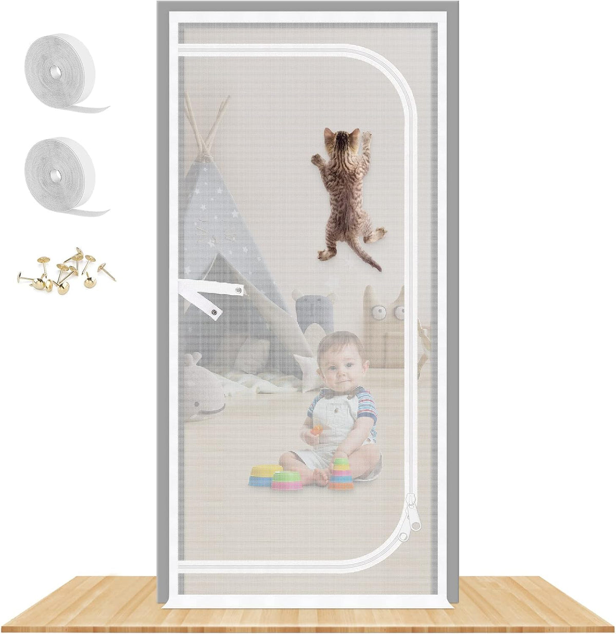 Reinforced Thickened Cat Screen Door - White / Left-u Shape, Fits Door Size up to 34''x 80''