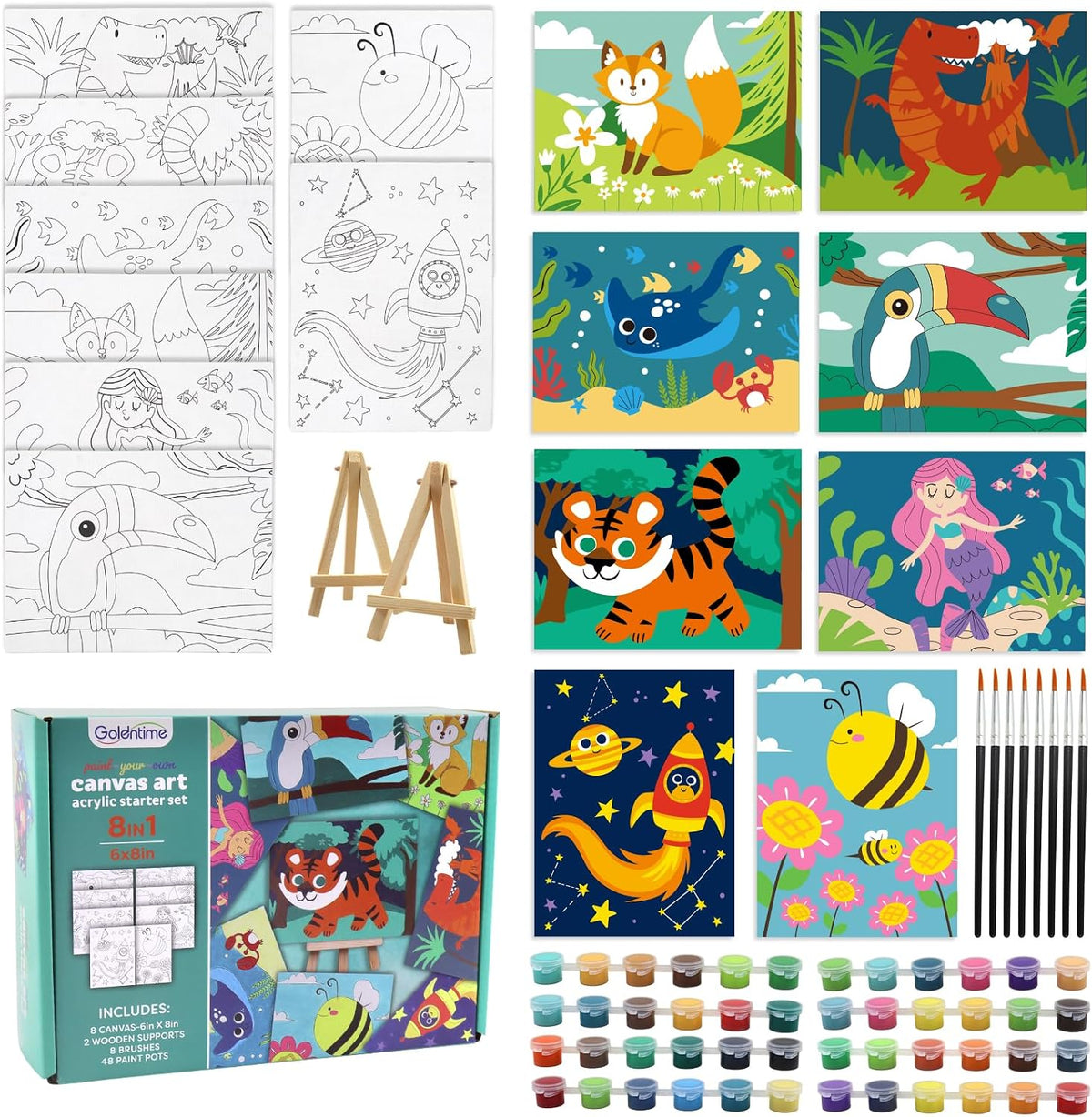 goldentime Kids Paint by Number Kits Including 6 Pre-Drawn Canvas - animals