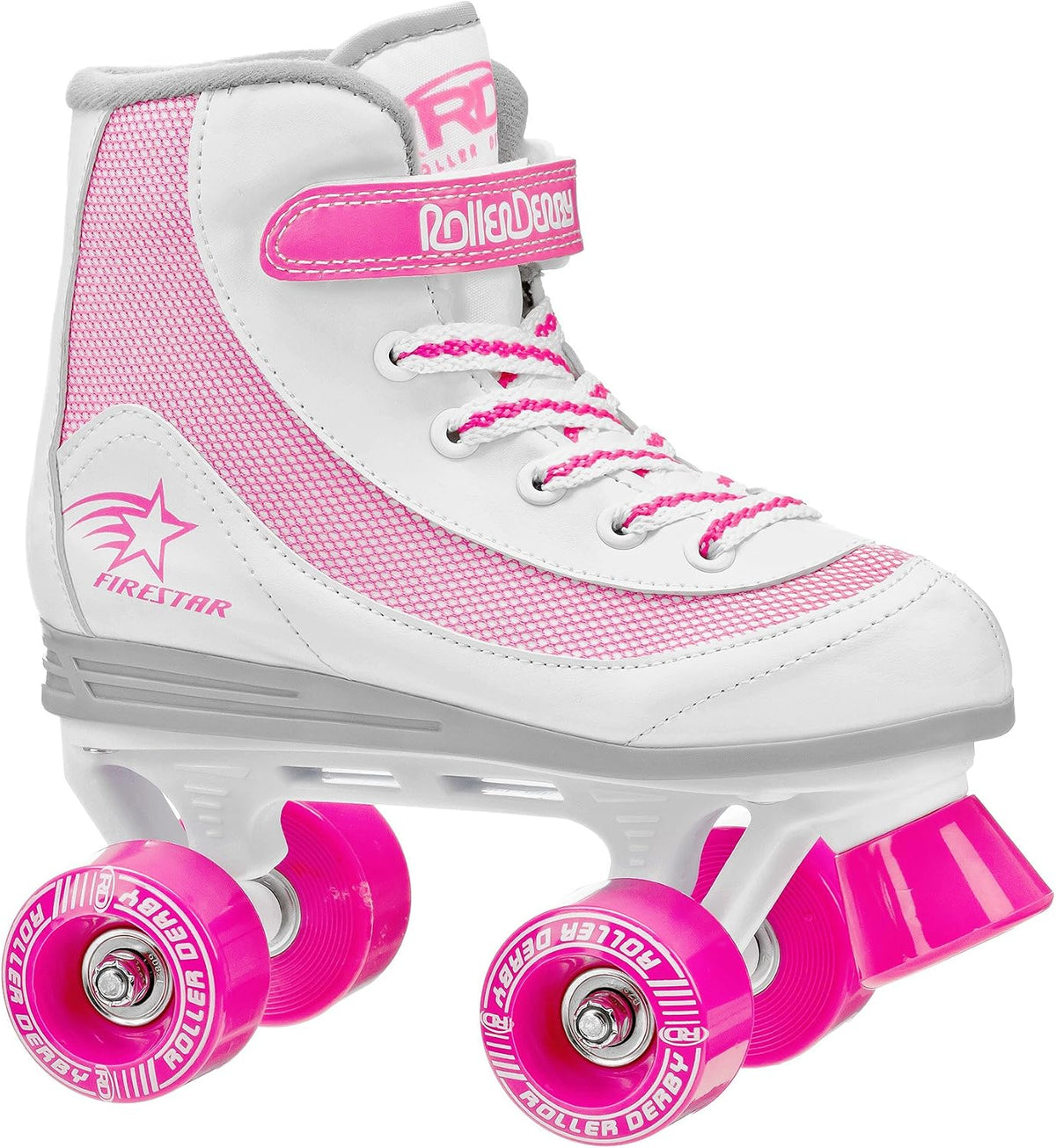 Roller Derby Firestar Youth Skates for Girls, Boys, Beginners - White/Pink / 1