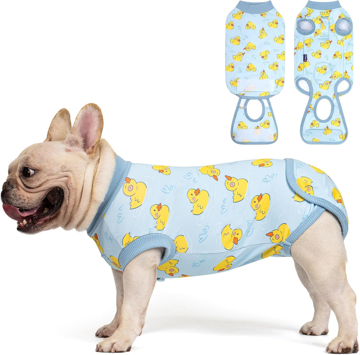 cyeollo yellow duck dog recovery suit onesie with hook and loop hip closure