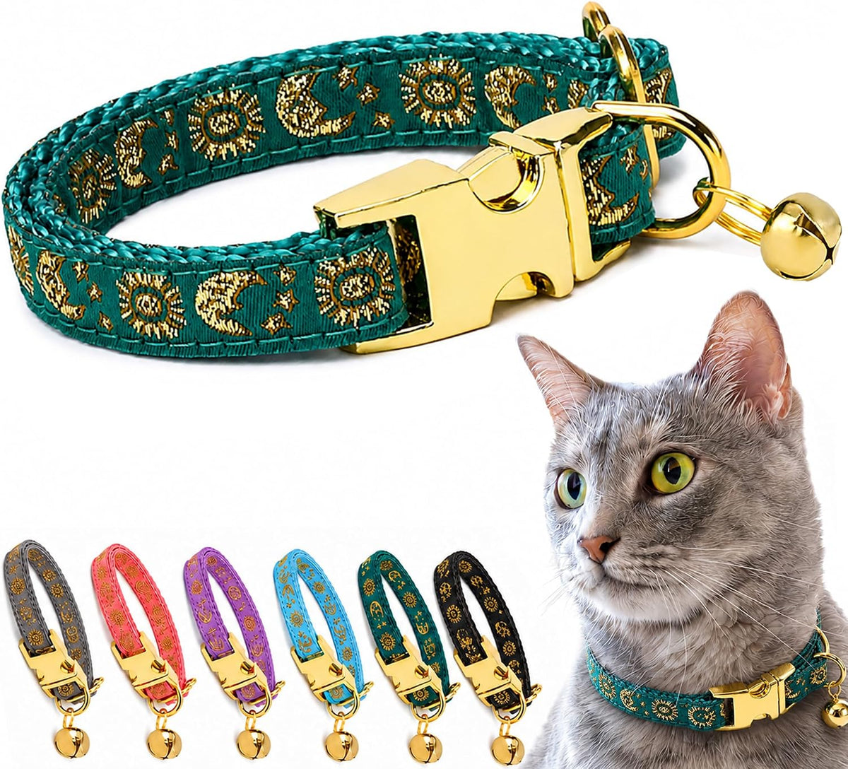 Cat Collar with Bell for Kittens & Cats, Moon & Stars Design – Essentials for Cats - Mallard Collar / X-Small (Pack of 1)