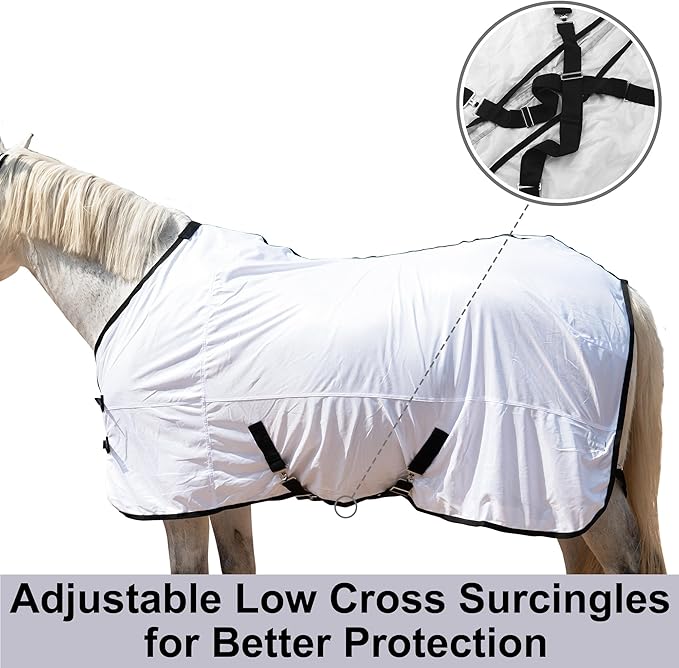 Horse Fly Sheet Equine Summer Sheets, Comfy Mesh Bug and Mosquito Protection Standard Neck - White 75"