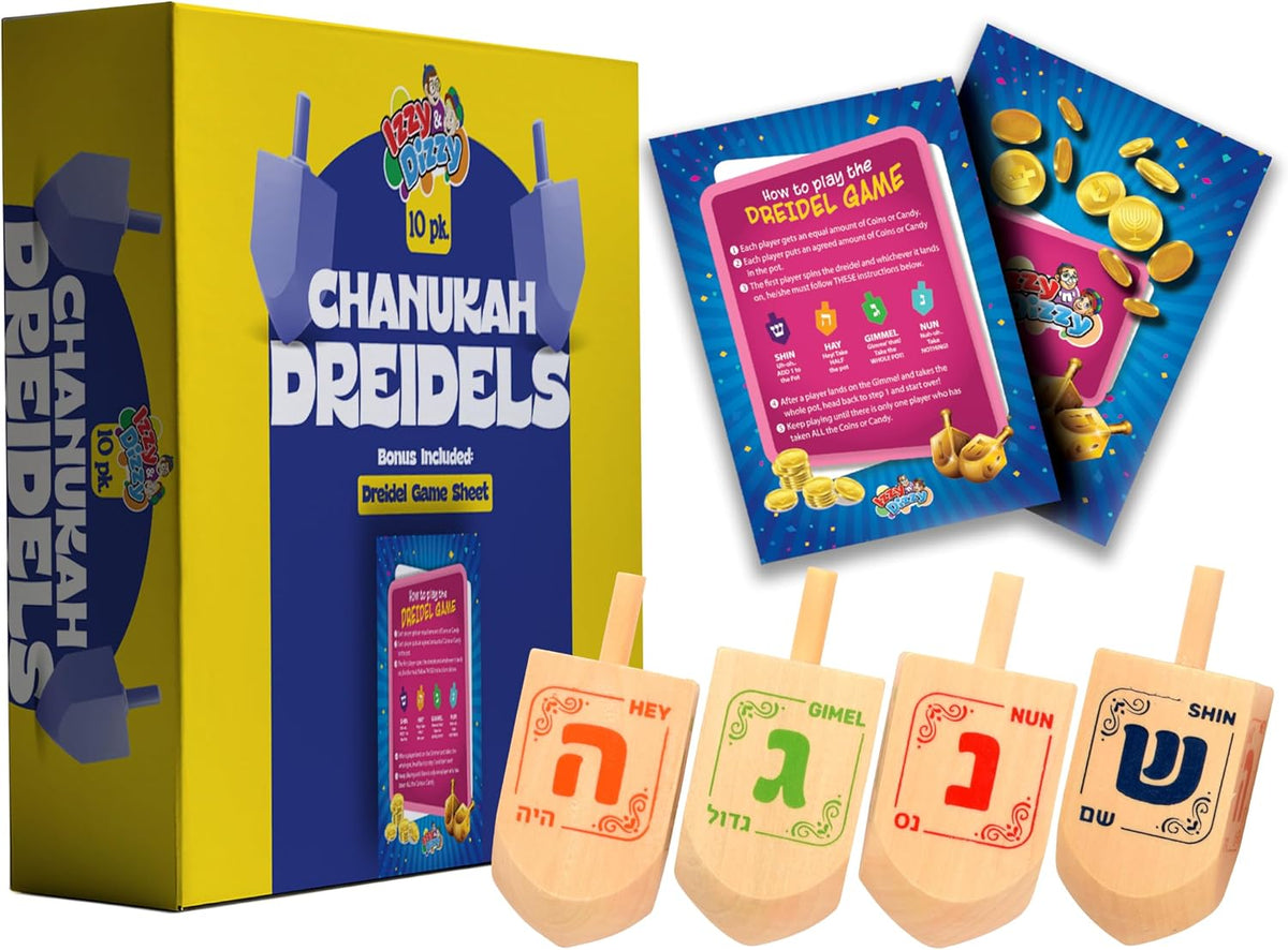 Izzy n Dizzy wooden Hanukkah dreidels 10 pack with coin gelt, gelt trays and instruction cards - view 3