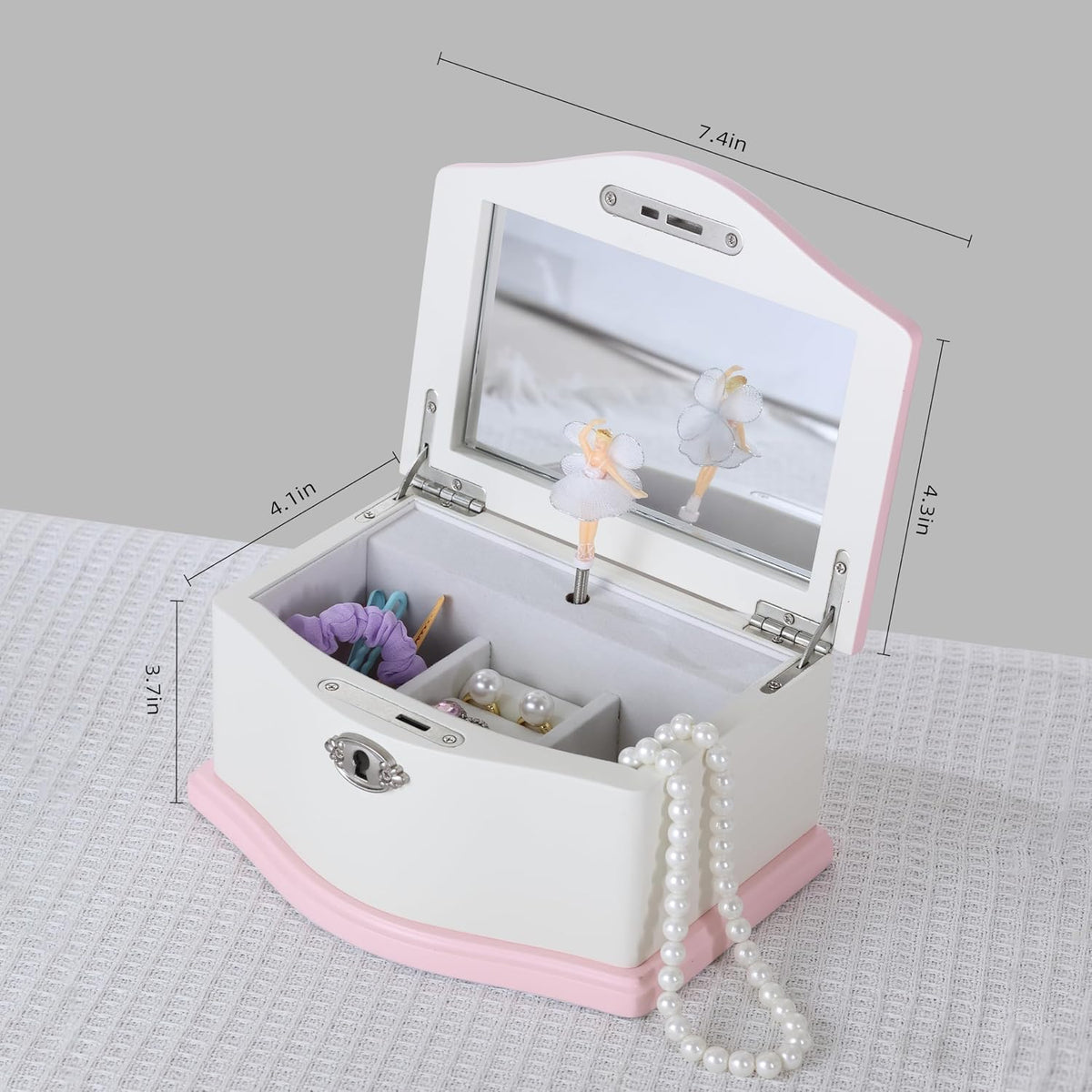 Ballerina Musical Jewelry Box with Mirror for girls，Kid's Jewelry - white/pink-medium - image 4