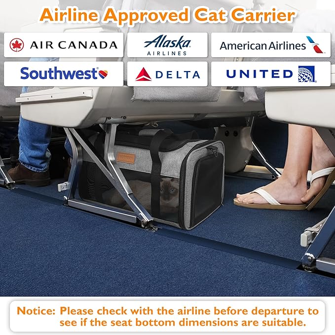 PETUX TSA Approved Pet Carrier in Cabin, 17"x11"x9.5" Soft Cat Carriers for Small Cats up to 12 lb, Top-Open Portable Dog Carrier with Litter Box and Anti-Scratch Mesh for Puppy up to 10 lb (Grey)