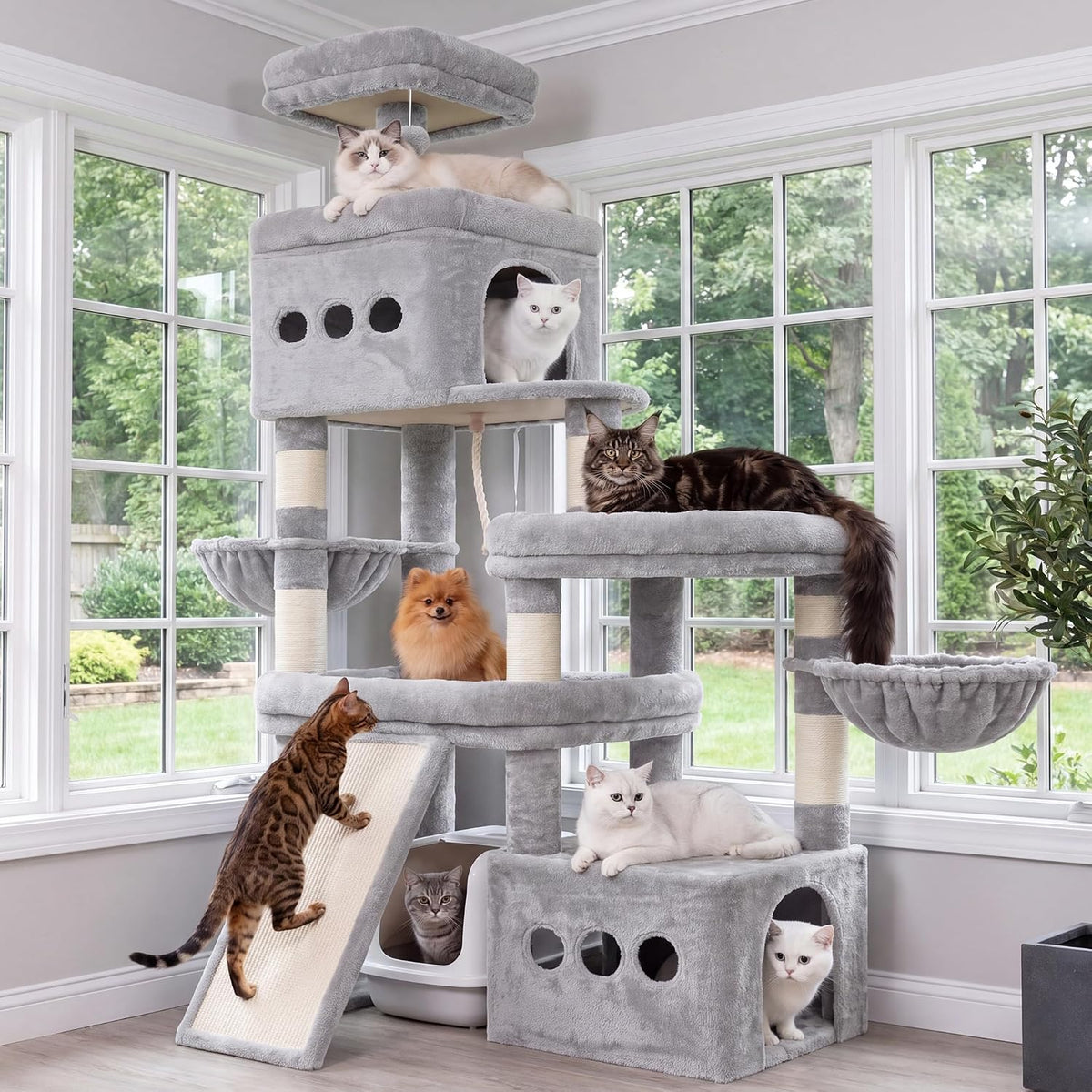 Heybly Cat Tree 72.4-Inch Anti-Tip Cat Tower with Spacious Perches - Light Gray / 72.4 inch