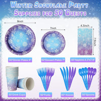Zachely blue and purple snowflake paper plates, cups, napkins and cutlery set - view 2