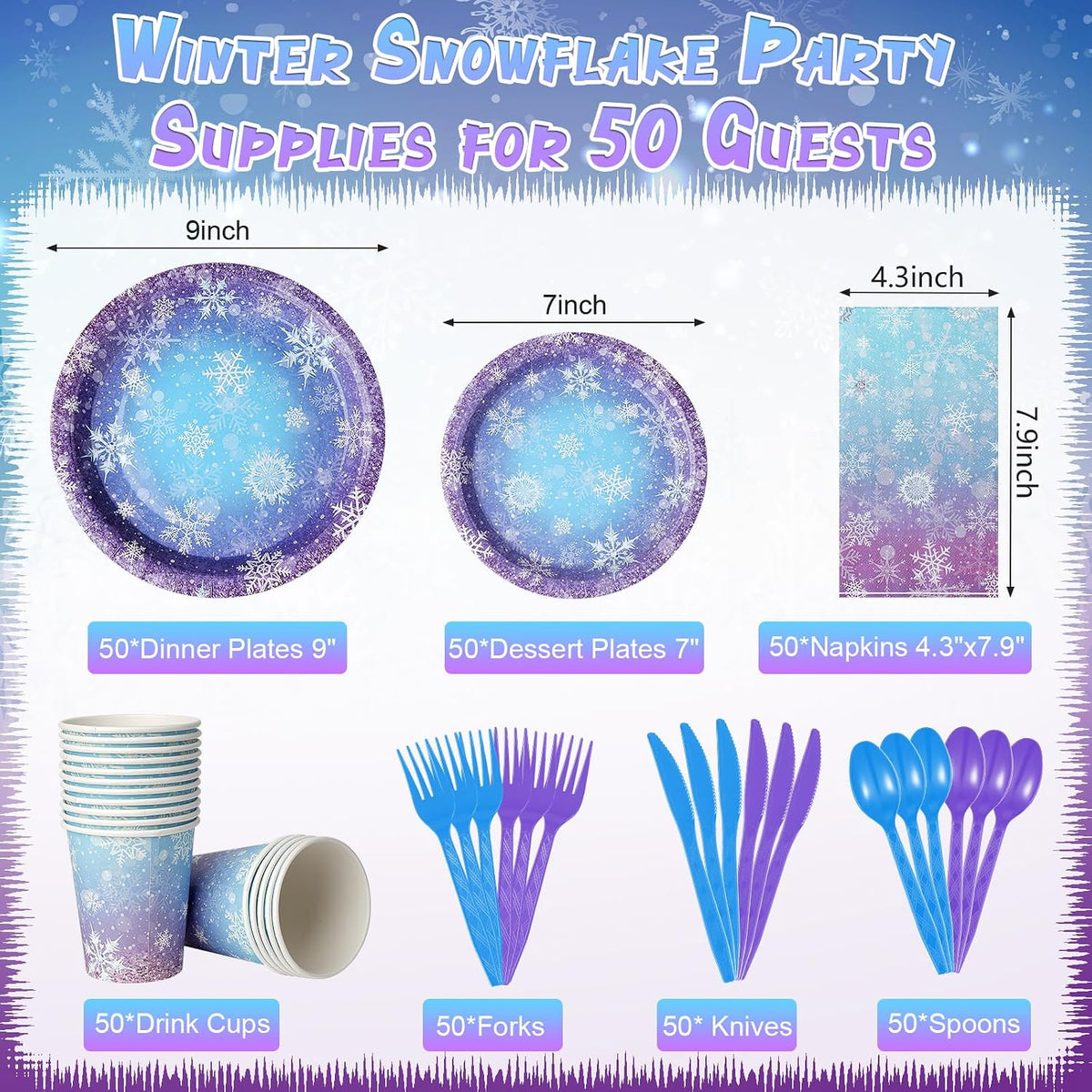 Zachely blue and purple snowflake paper plates, cups, napkins and cutlery set - view 2