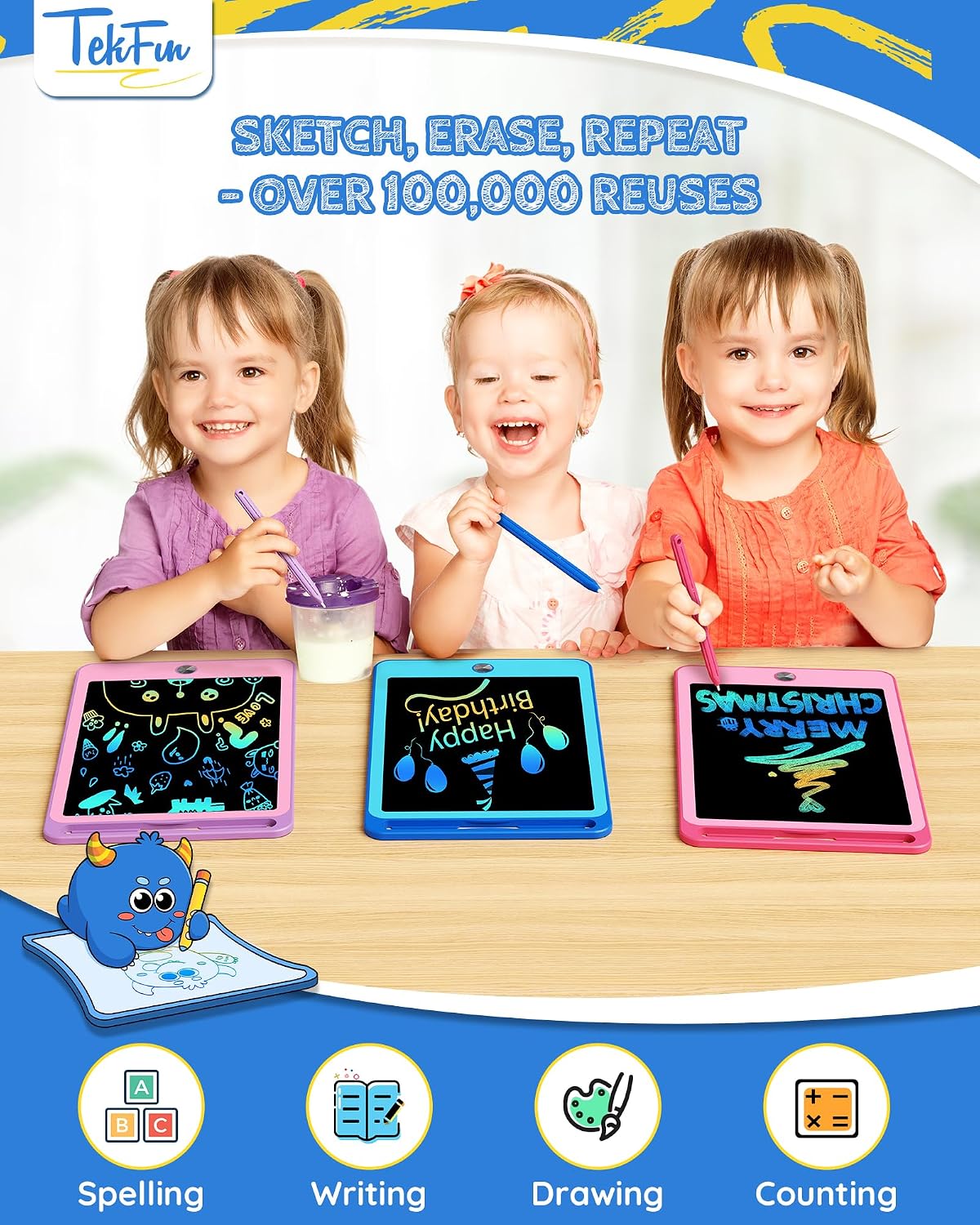 TEKFUN 3 Pack LCD Writing Tablet for Kids, Educational Kids - Blue+pink+purple / 8.5 inch / 3 - image 2