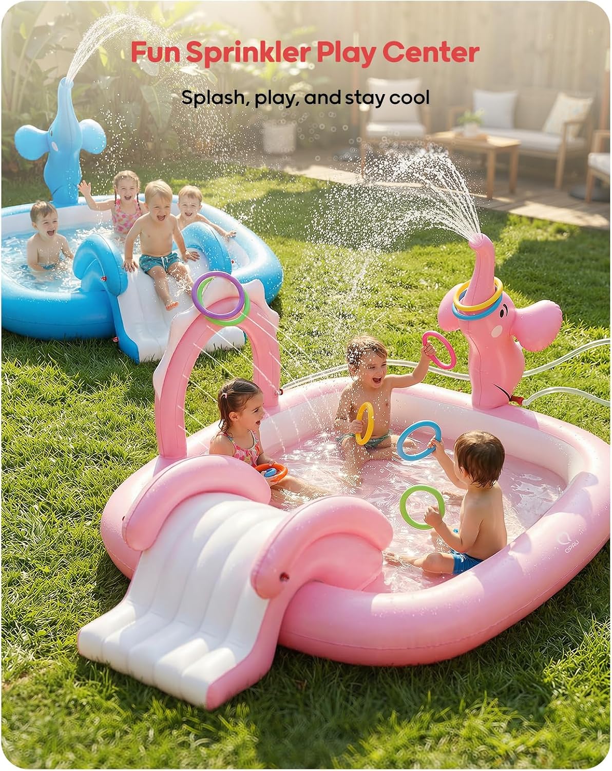 QPAU inflatable toddler pool with slide and elephant sprayer, 72 x 64 x 37 in - view 2