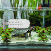 Turtle shell brush with three suction cups mounted inside an aquatic turtle tank - view 2