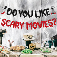 OKUSUN Do You Like Scary Movies banner with black and red glitter letters for horror movie night - view 3