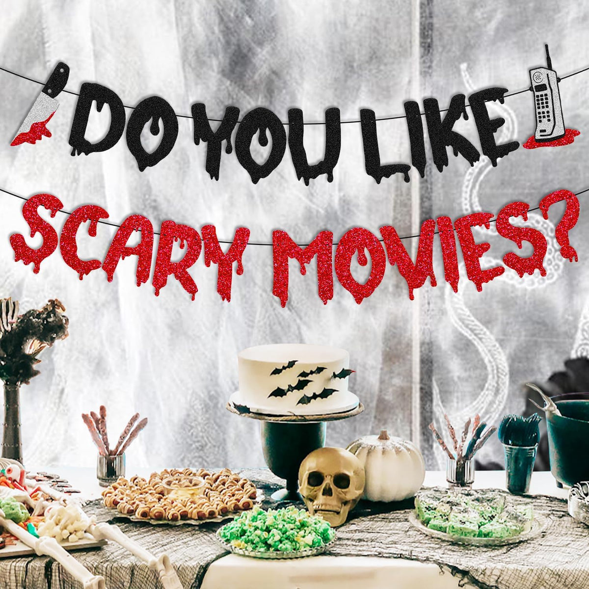 OKUSUN Do You Like Scary Movies banner with black and red glitter letters for horror movie night - view 3