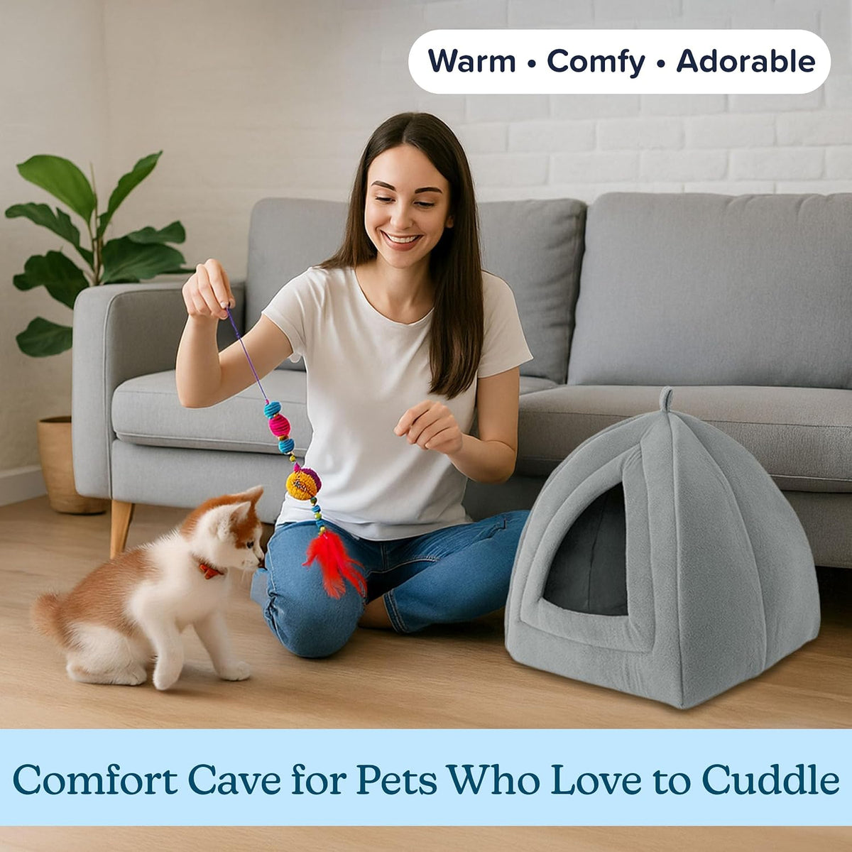 PETMAKER Cat House Indoor Bed with Removable Foam Cushion - Gray / (L) 13” x (W) 13” x (H) 15.75” - image 4