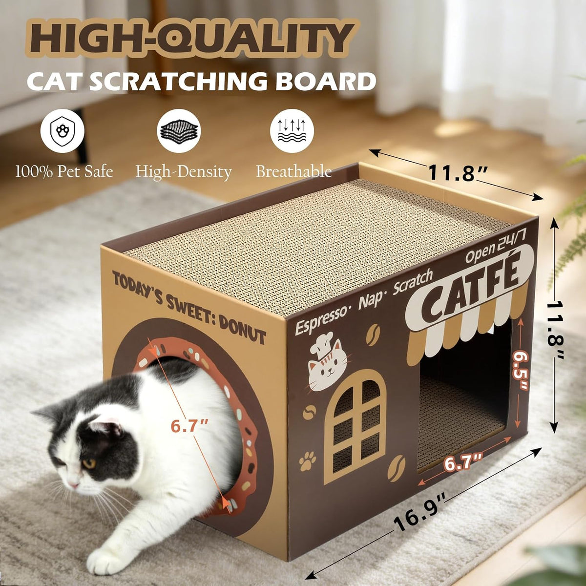 ARGOPET Cat Cardboard House with 2 PCS Scratching Pads – Essentials for Cats - New-Brown - image 4