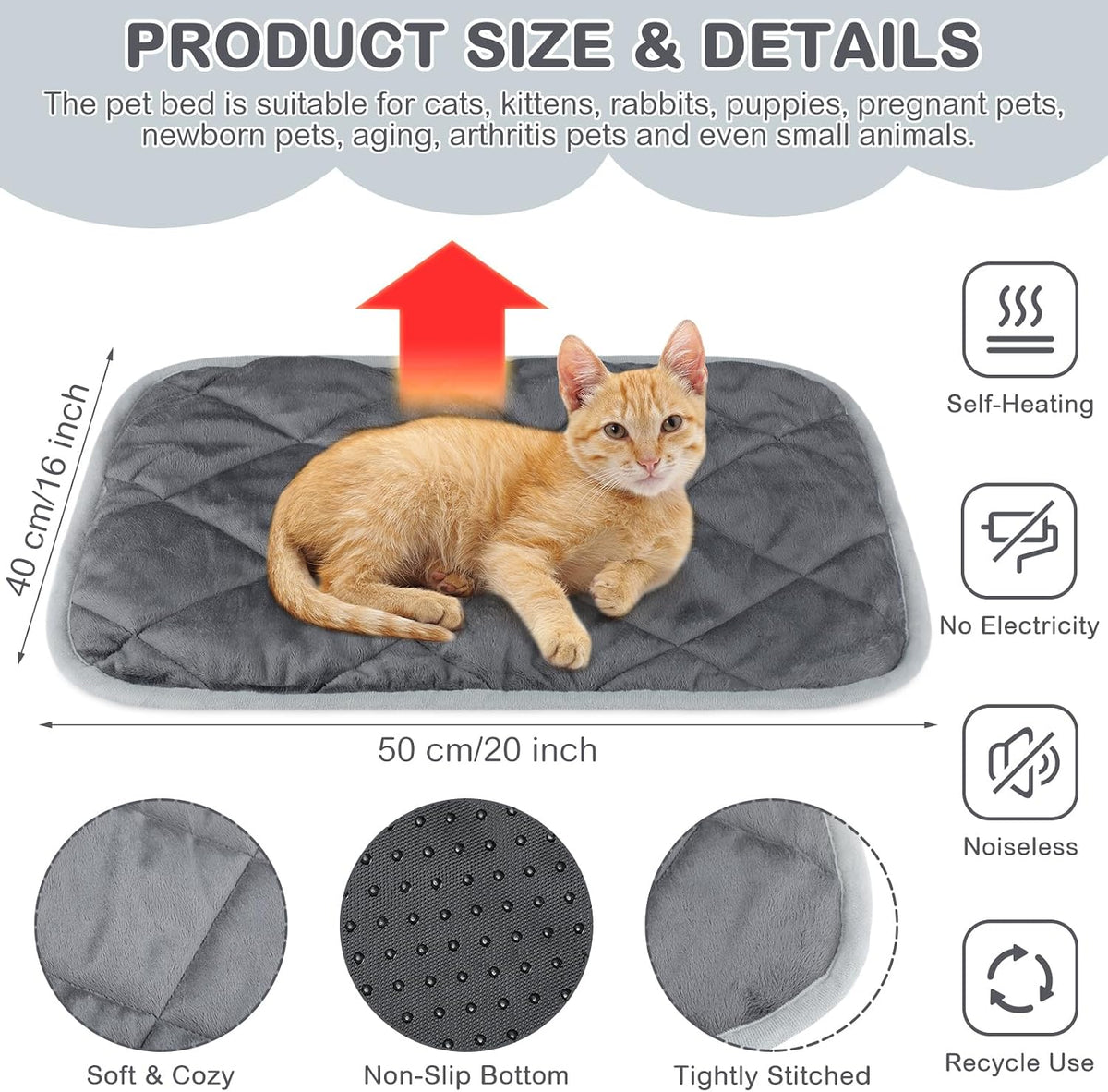 2 Pack Self Warming Cat Bed Thermal Pet Mat - 16 x 20 inches / Gray - image 2