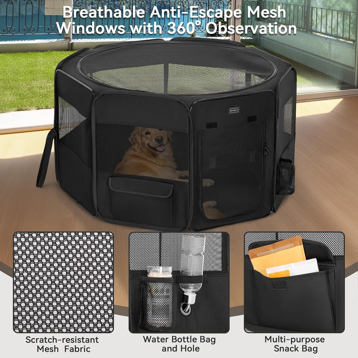 PETSFIT Portable Dog Playpen 36", Removable Waterproof Mat - Black / Large (45.5"x45.5"x28.5") - image 4