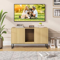Litter Box Enclosure for 2 Cats, Fluted Hidden Cat Litter Box Furniture with Scratch Pad and Metal Legs, Modern Double Room Kitty House for Living Room, Washroom, 47.2”L x 17.7”W x 25.9”H, Natural