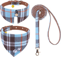 Dog Collar and Leash Set - Embroidery Floral Dog Bow Tie and Bandana Collar with Bell, Cute Flower - Skyblue / X-Small