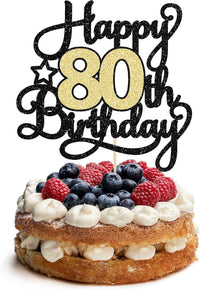1Pc Happy 80th Birthday Cake Topper Black Gold Glitter Cheers to 80 - 80th