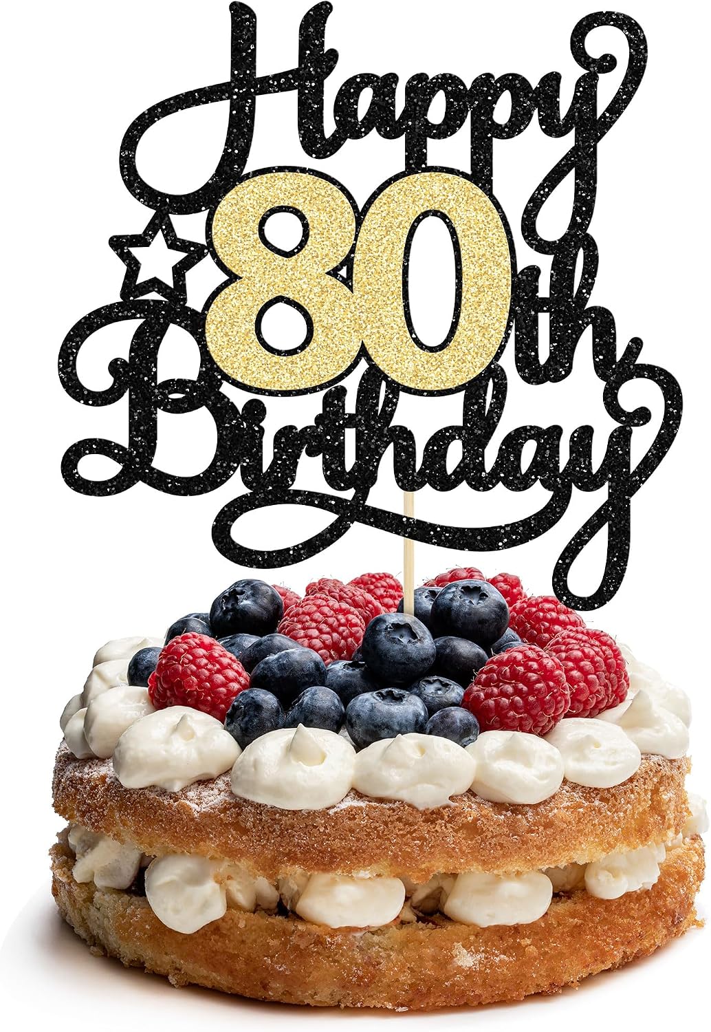 1Pc Happy 80th Birthday Cake Topper Black Gold Glitter Cheers to 80 - 80th