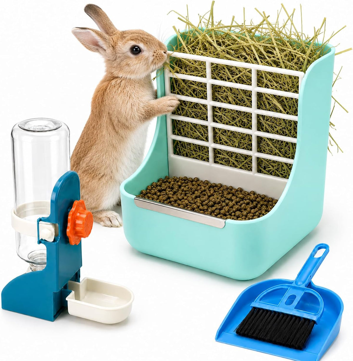 HERCOCCI Rabbit Hay Feeder and Water Bottle Set, Chinchilla - BLUE / Large