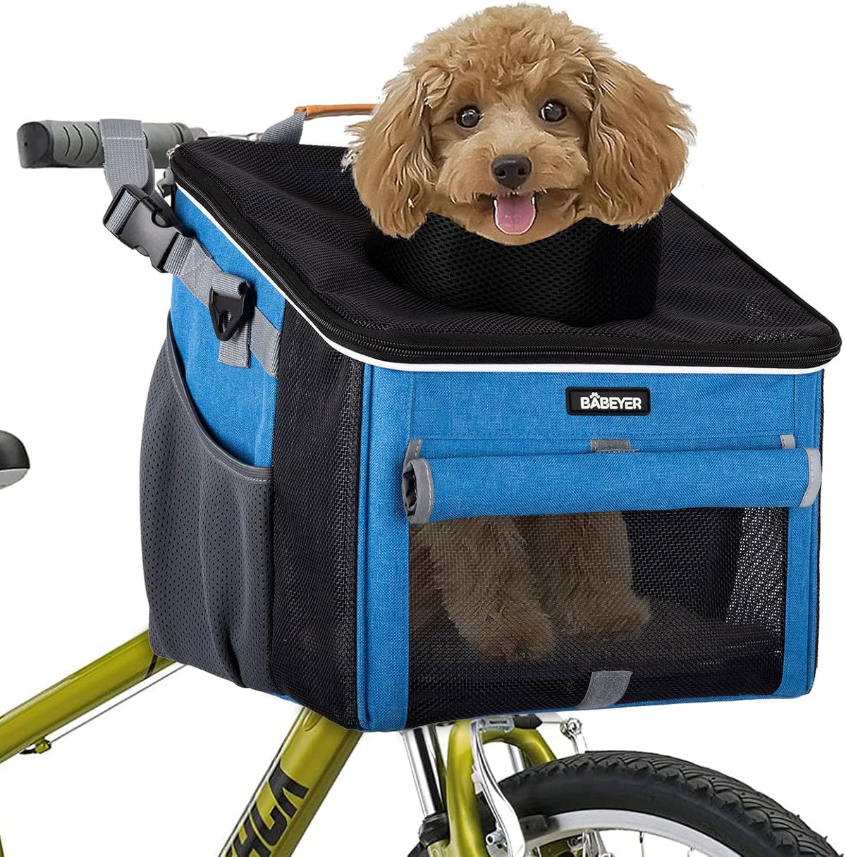 Dog Bike Basket, Soft-Sided Dog Bike Carrier with 4 Mesh Windows for Small Dog Cat Puppies - Grey - Blue-1