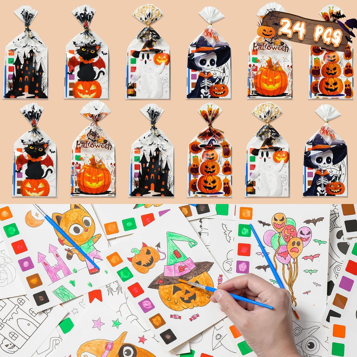 Cracoring 24 pack Halloween paint with water party favors with treat bags and brushes - view 2