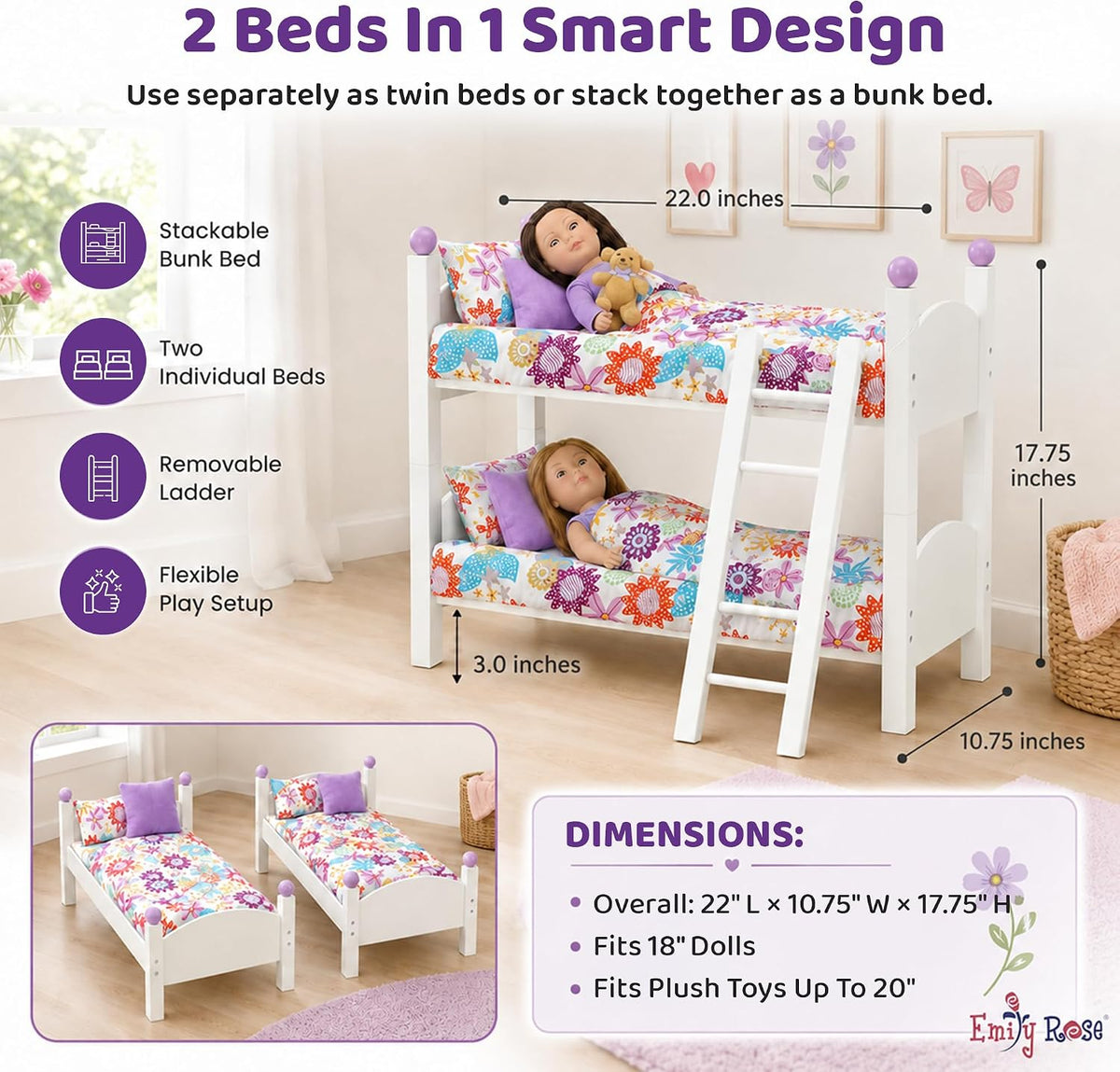 Emily Rose 18" Doll Bunk Bed Set, 2 Stackable White Wooden Beds - image 2