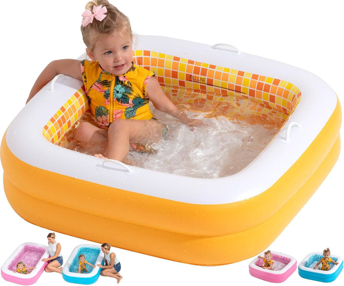 3-in-1 Inflatable Baby Pool, Safety Secure Grip Handles - 34" Square Orange Burst