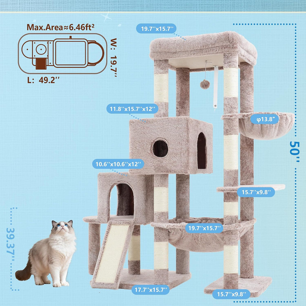 Hey-brother Cat Tree Tower with 3 Condos - 50 inches / Muchroom - image 2