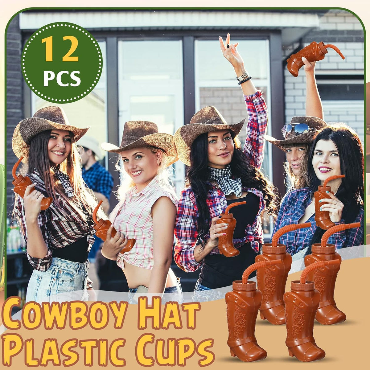 Hoolerry 12 Pcs Cowboy Boot Cups with Lids and Straws - Brown / 24 - image 2