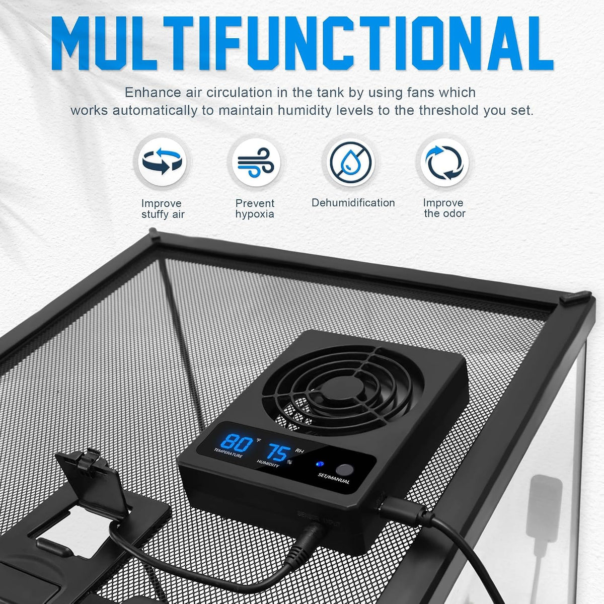 Reptile Ventilation Fan with Humidity Sensor and High-Temp Alarm - 1PCS-Black - image 2