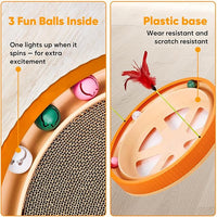 20-Inch Round Cat Scratcher with Ball Track – 3-in-1 Cardboard Cat Scratching Pad with Feather Toys, Non-Slip Base – Interactive Cat Toy for Indoor Cats, Kitten Scratch Play Lounge Board (Orange)