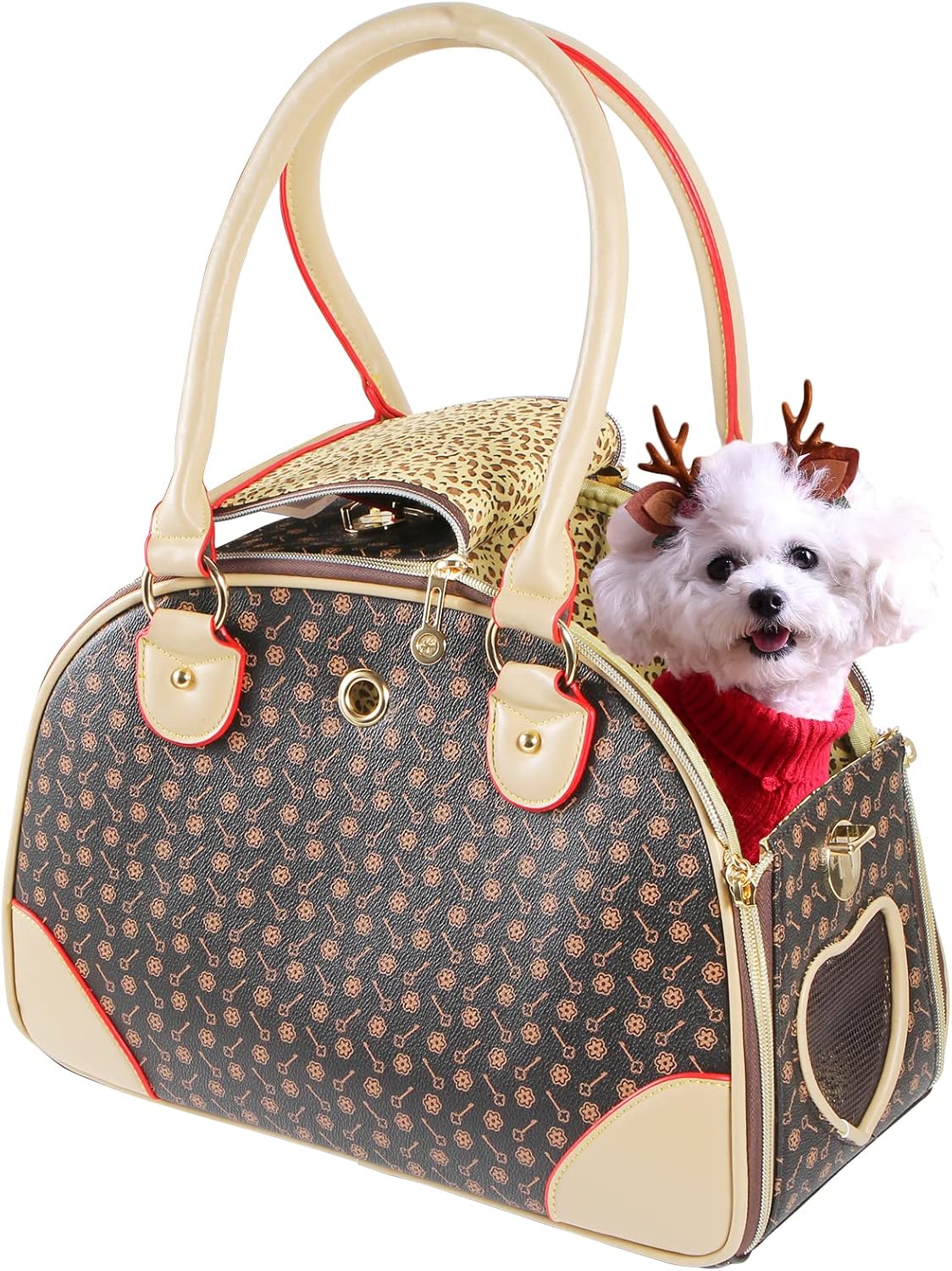 Fashion Dog Carrier PU Leather Dog Handbag Dog Purse Cat Tote Bag Pet - 15.0"L x 6.7"W x 9.1"H / Brown
