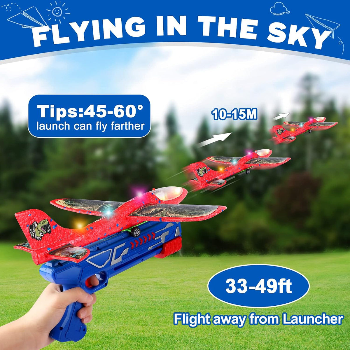 3 Pack Foam Airplane Launcher Toy 12.6" with 3 DIY Stickers - Red&orange&blue - image 3