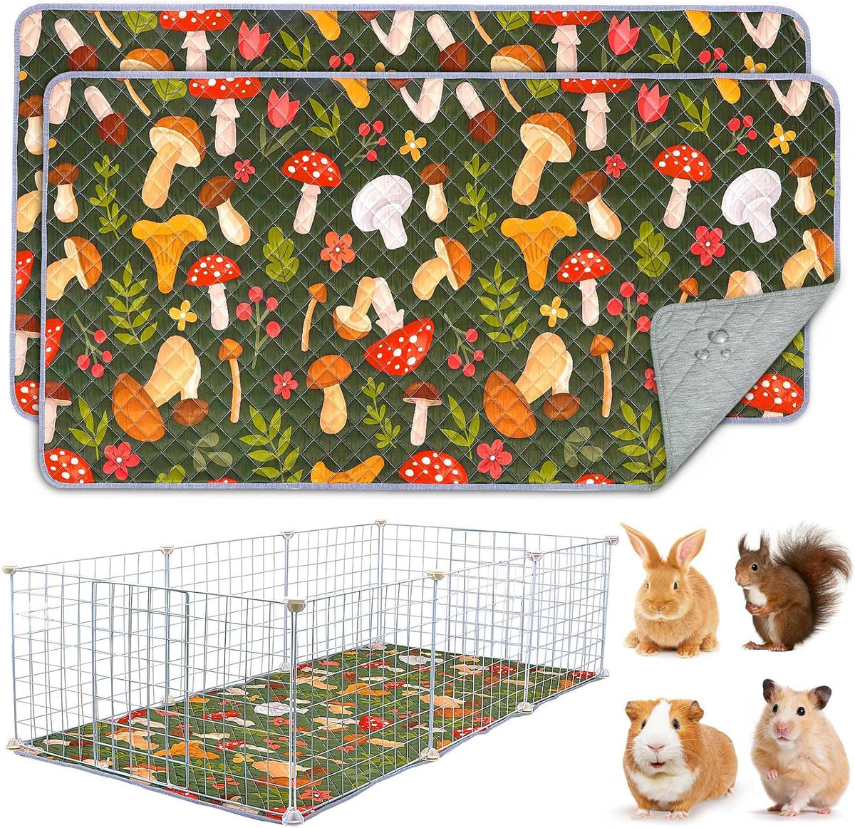 Unicorn Catcher 2 Pack Washable Guinea Pig Cage Liner - Mushrooms / 56X28in