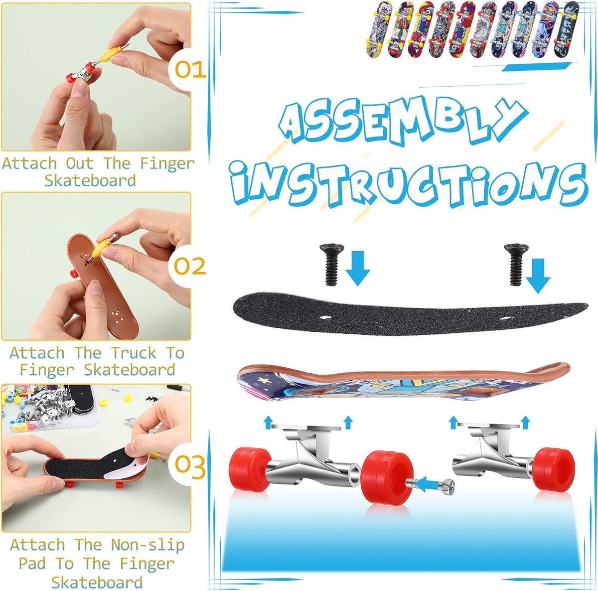 Civaner 10 pack DIY fingerboard set with decks, wheels, brackets and tools - view 2