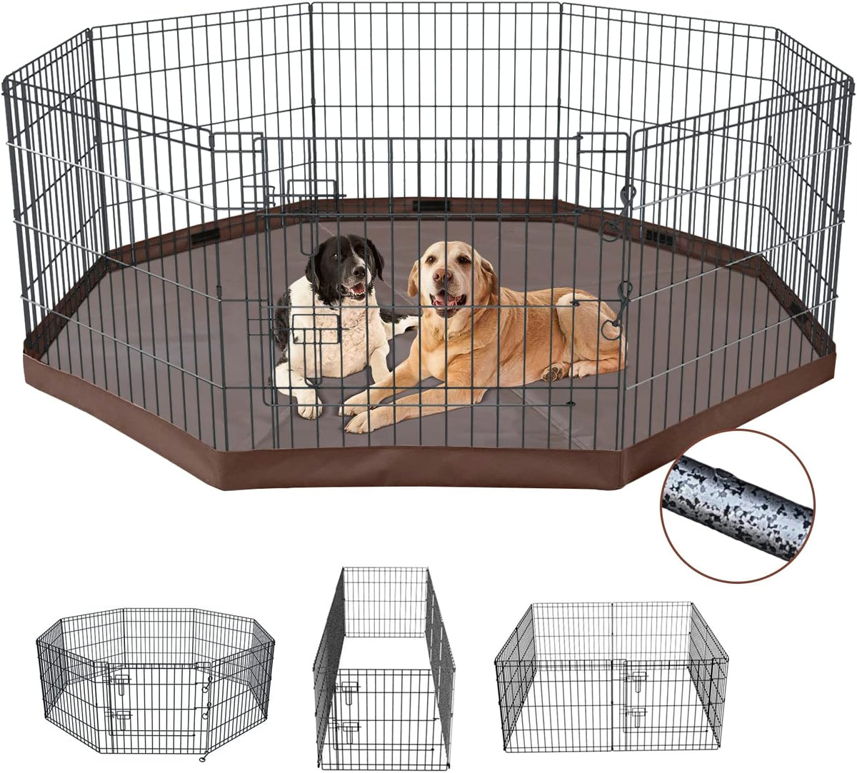 NEZUC Foldable Metal Dog Exercise Playpen Gate Fence Dog Crate 8 - Brown / 24"H / Playpen+Bottom Pad