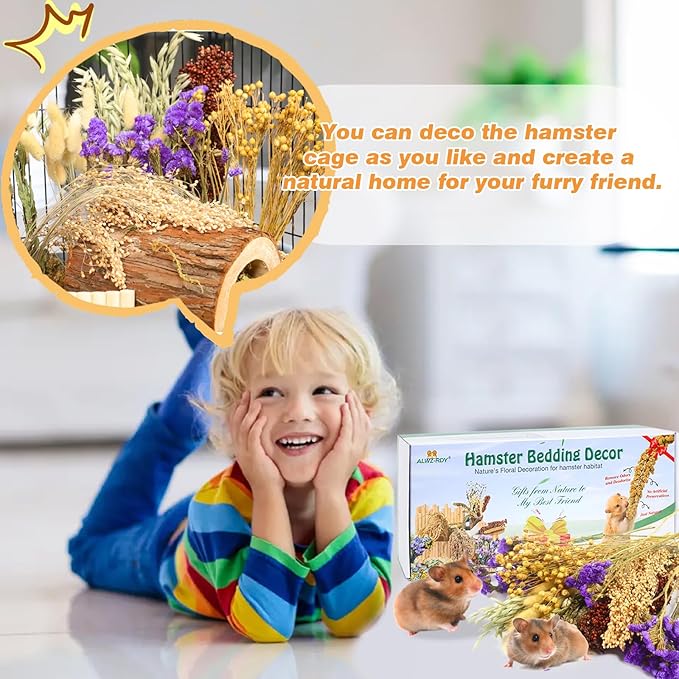 Natural Hamster Bedding, Hamster Herbs Flowers for Hamster Cage Enclosure Habitat Decor Hamster Sprays for Dwarf Syrian Guinea Hamsters Gerbil Degus or Other Small Animals（Flower Grain Version）