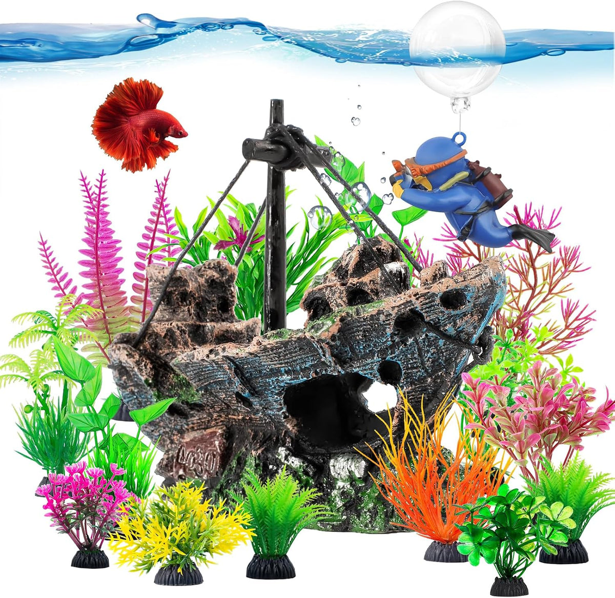 6 Pcs Aquarium Decor Set Shipwreck Decoration Little Diver Floating - 16 Pcs