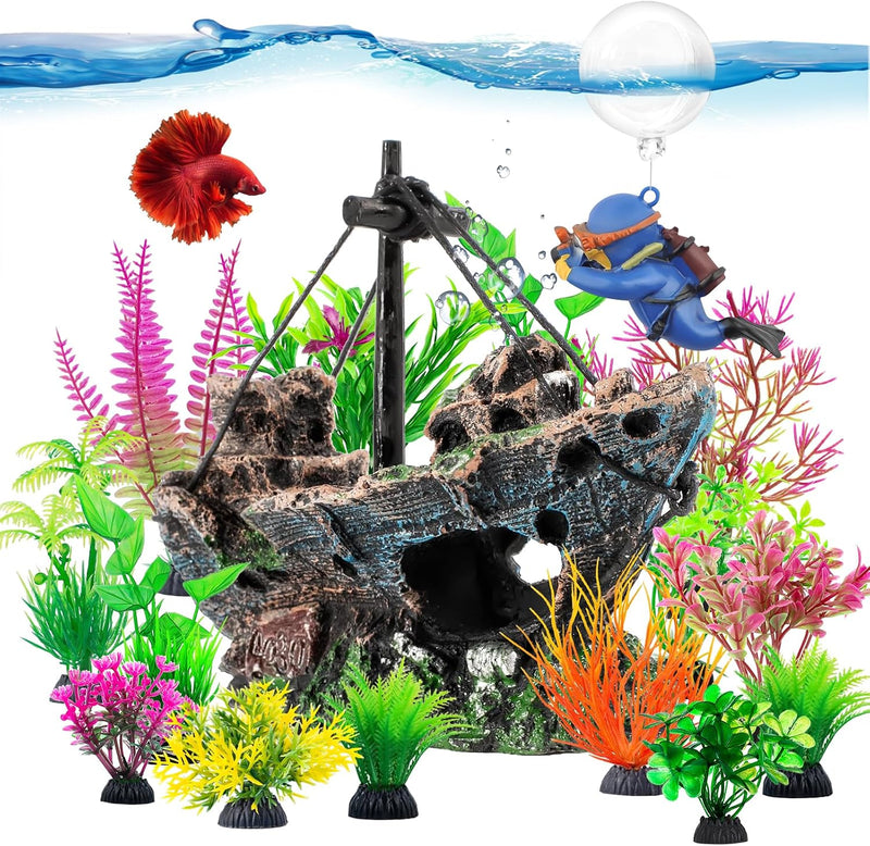 6 Pcs Aquarium Decor Set Shipwreck Decoration Little Diver Floating - 16 Pcs