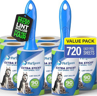 PetLovers Extra Sticky Lint Roller Mega Value Set 720 Sheets for Pet Hair Removal and Clothes, Dog and Cat Lint Remover, 8 Pack