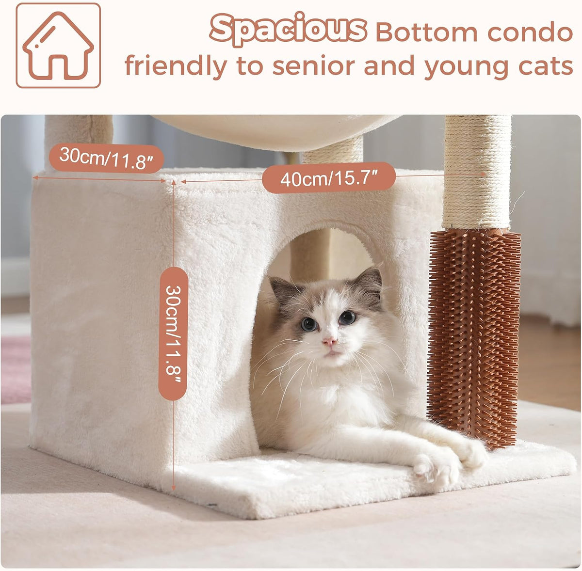 Cat Tree 32” Small Cat Tower with Large Hammock 16”& Self Groomer – Essentials for Cats - Medium-32" / Beige - image 3