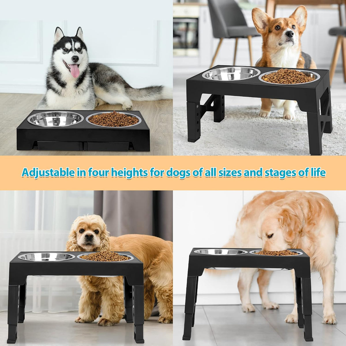 Elevated Dog Bowls with 2 Stainless Steel Dog Food Bowls - Black / Round Bowls - image 4